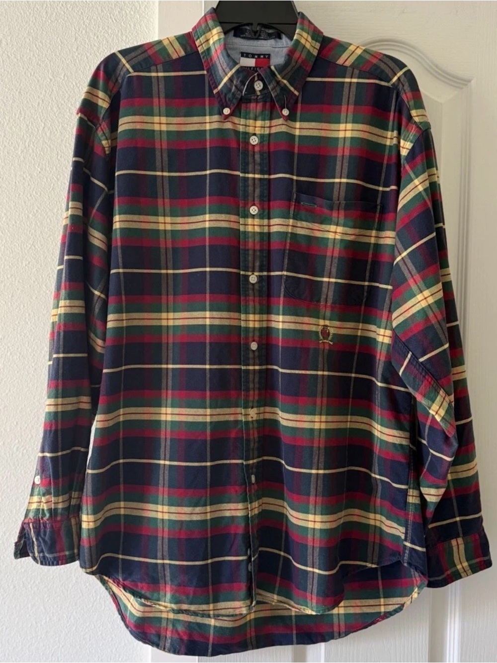 Tommy Hilfiger Vintage 90s Mens L Plaid Tartan Crest Logo Button Down Shirt
